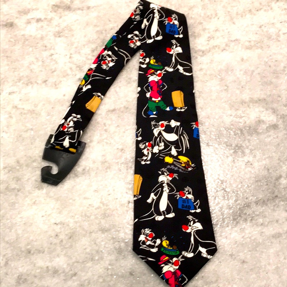 Looney Tunes Mania Tie Black Sylvester & Tweety Vintage 90s‎ Cartoon Festival